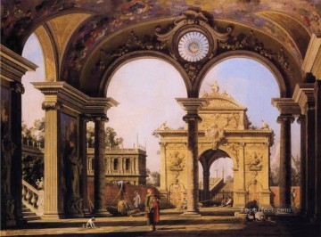 カナレット Painting - 宮殿の柱廊玄関から見たルネサンスの凱旋門のカプリッチョ 1755 年カナレット